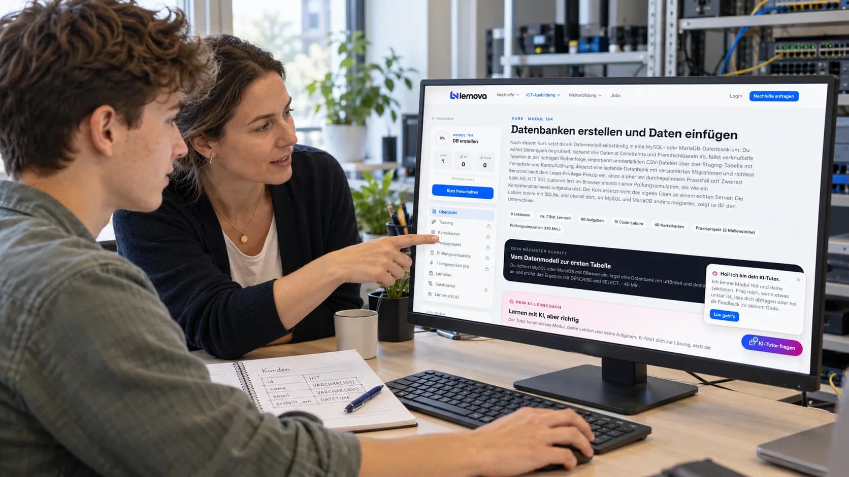 Berufsbildnerin und Lernender arbeiten gemeinsam am Tutavio-Kurs zu Modul 164