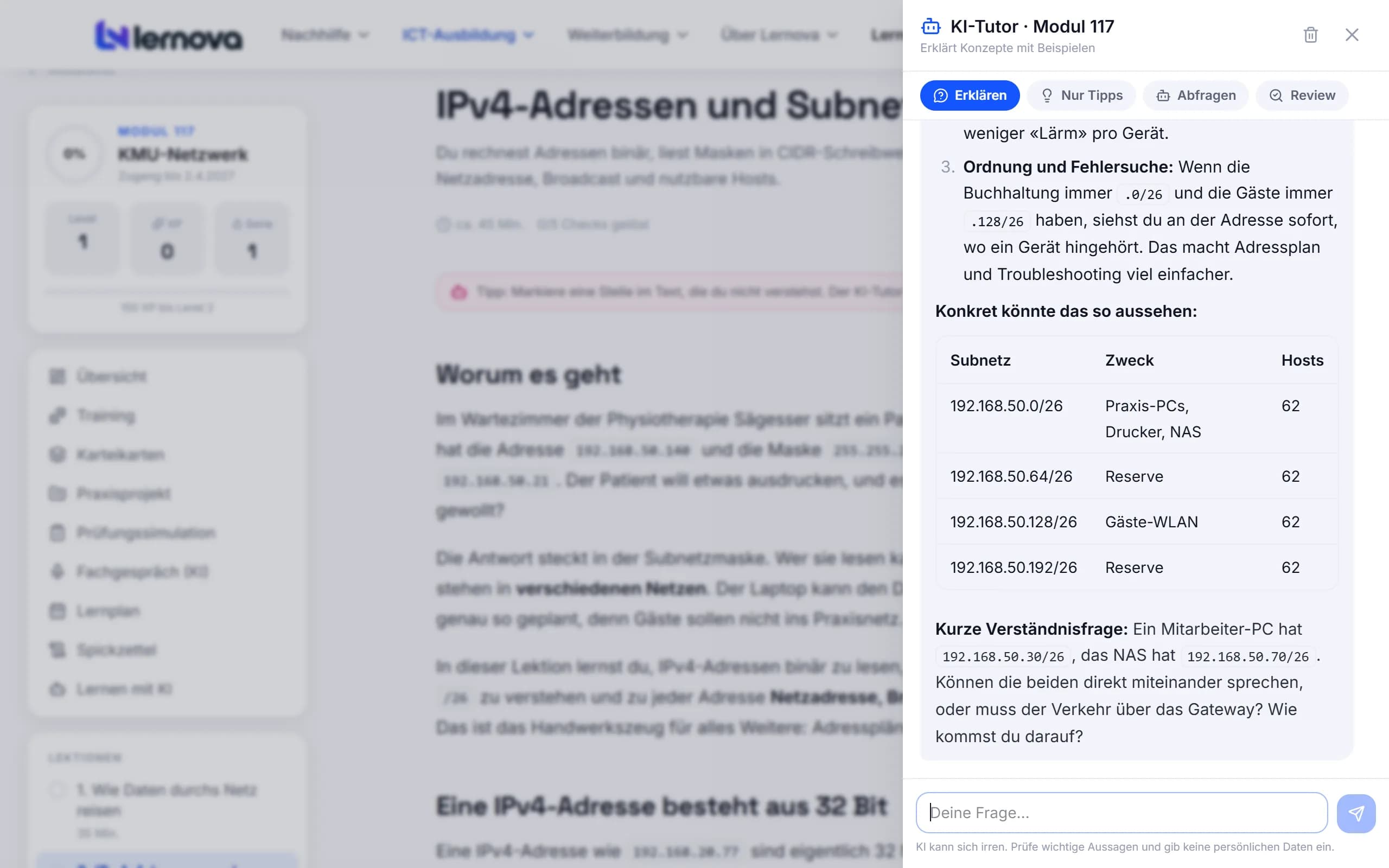 KI-Tutor erklärt Subnetze mit einer Tabelle und stellt eine Verständnisfrage