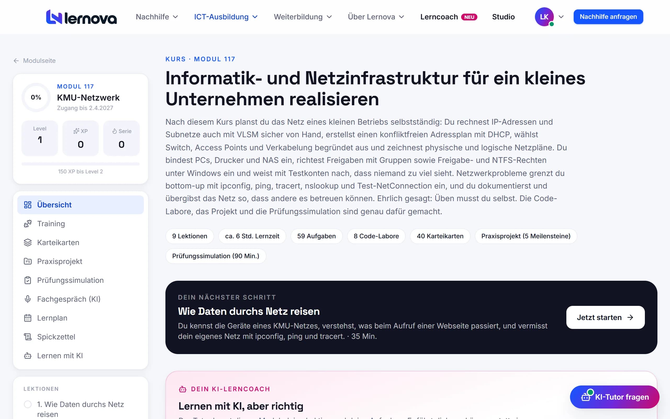 Kurs zu Modul 117 mit Lektionen, Training, Karteikarten, Praxisprojekt, Prüfungssimulation und Fachgespräch