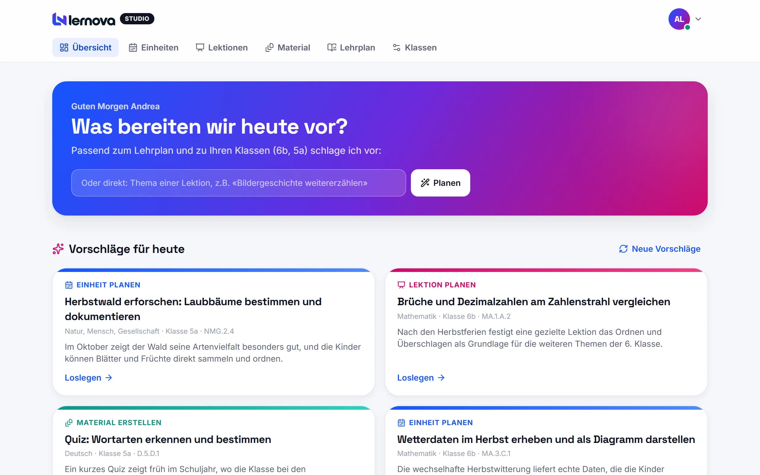 Tutavio Studio: Übersicht mit KI-Vorschlägen aus dem Lehrplan der eigenen Klassen
