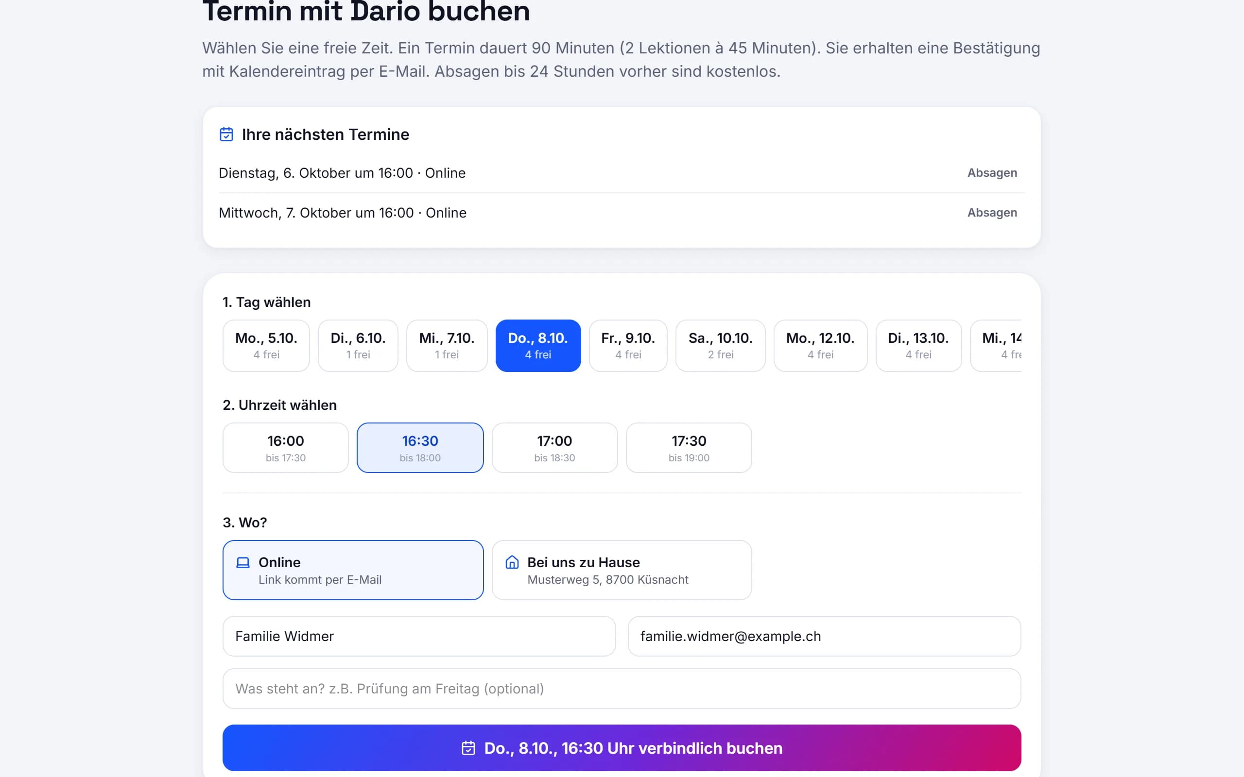Familien buchen über den persönlichen Link einen Termin: Tag, Uhrzeit, online oder zu Hause