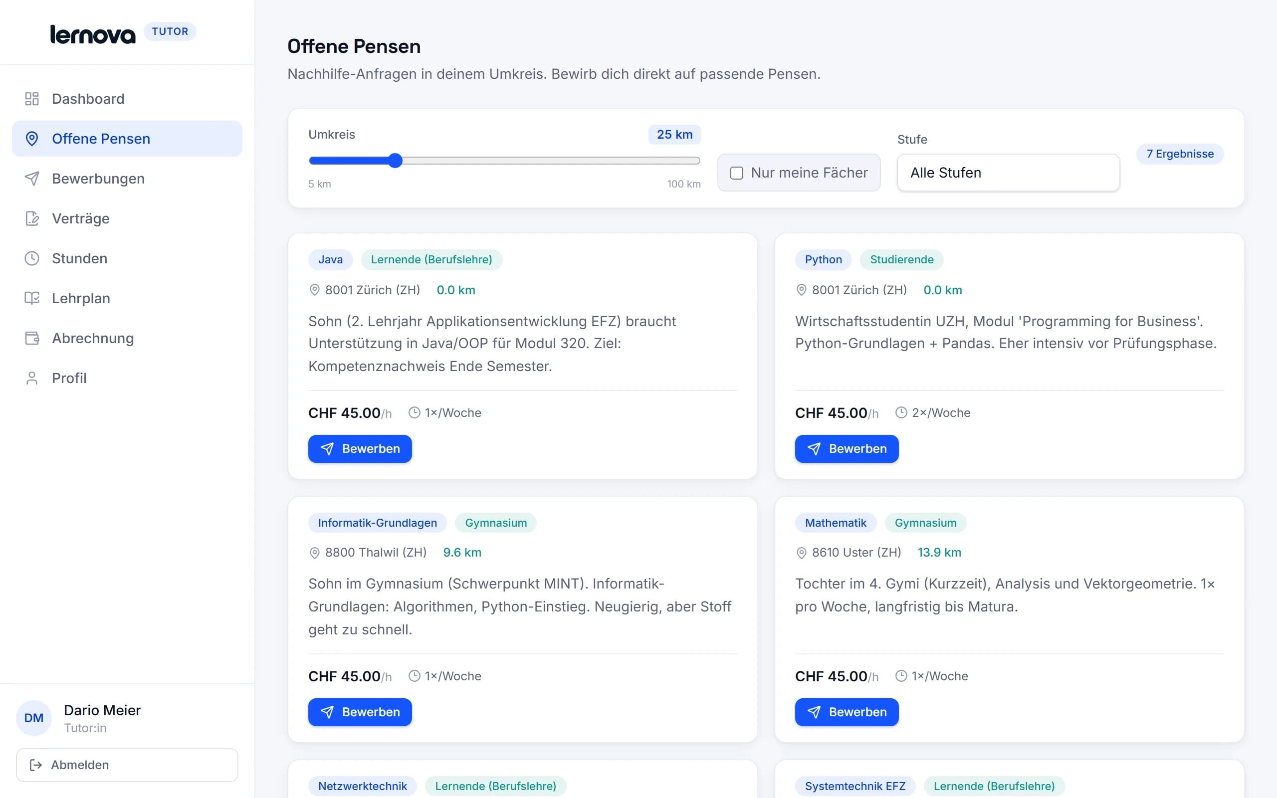 Tutor-Portal: offene Nachhilfe-Pensen im Umkreis mit Fach, Stufe, Distanz und Stundenlohn